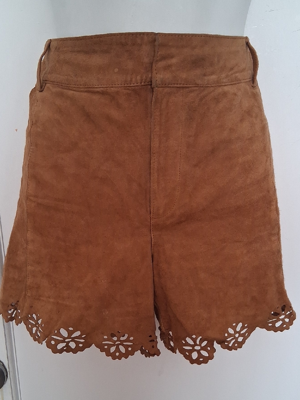 Zara Suede High-Waist Scalloped Hem Shorts - Tan